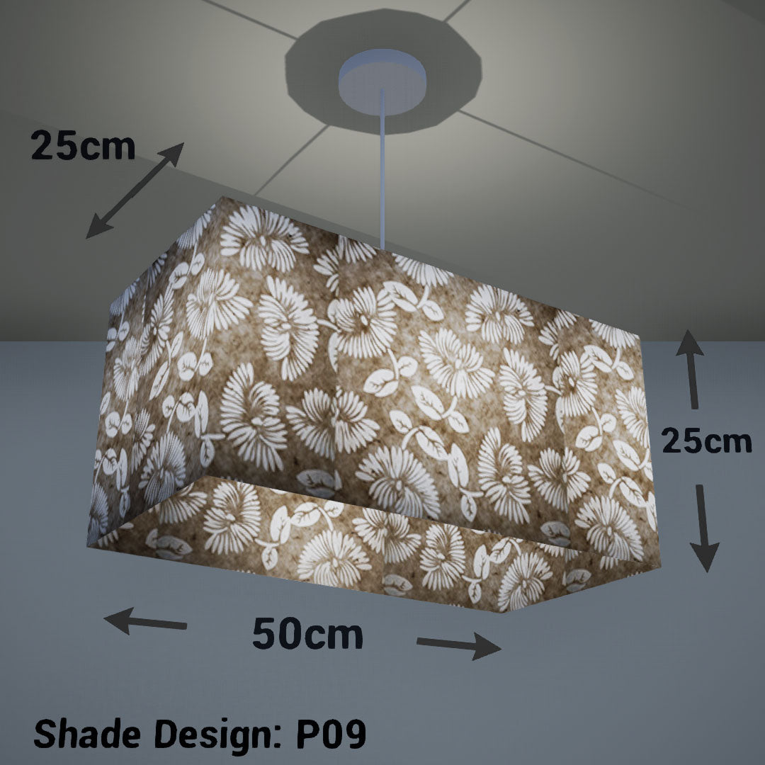 Rectangle Lamp Shade - P09 - Batik Peony on Natural, 50cm(w) x 25cm(h) x 25cm(d) - Imbue Lighting