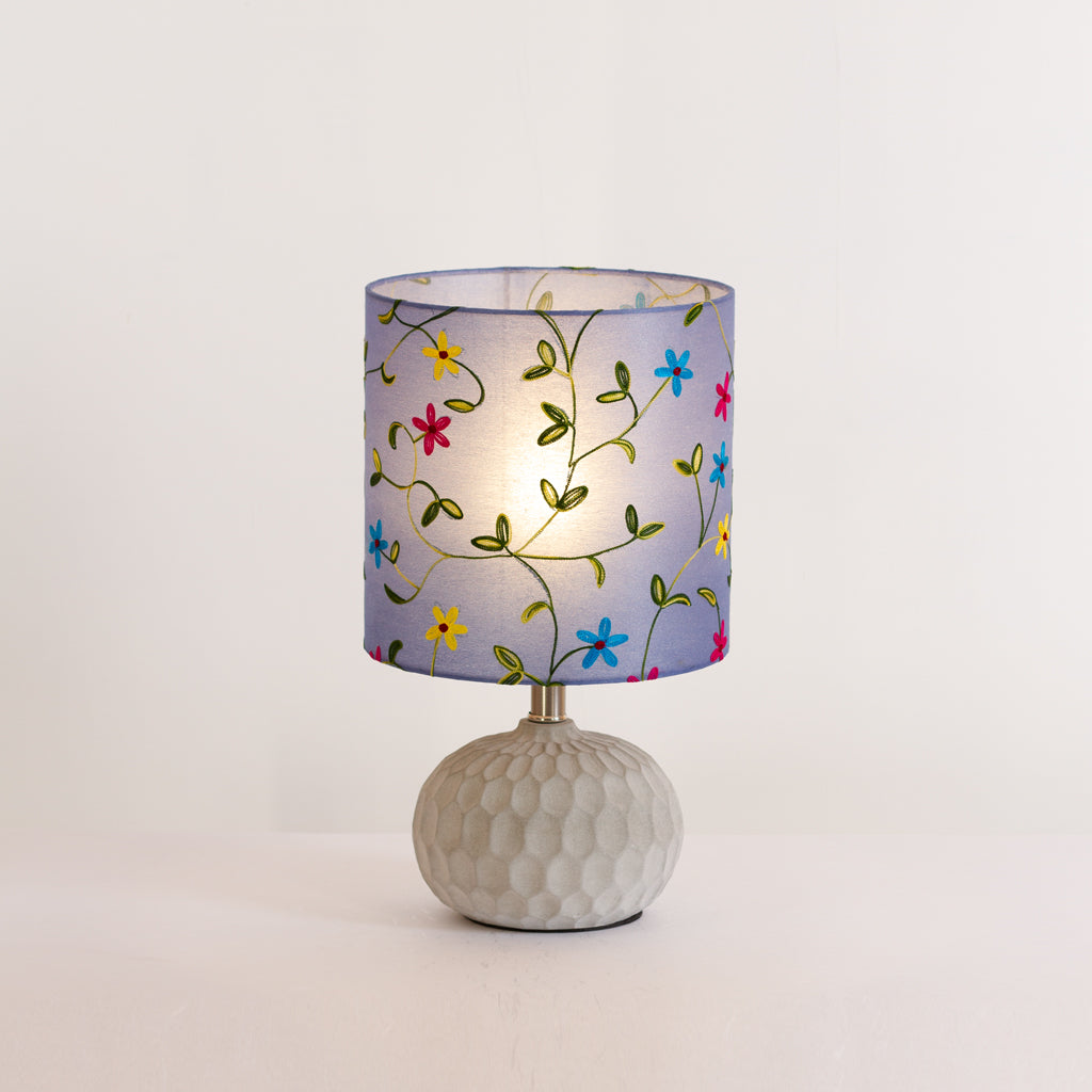 Rola Round Ceramic Table Lamp Base in Grey ~ Drum Lamp Shade 25cm(d) x 25cm(h) P46 ~ Embroidered Evening Blue