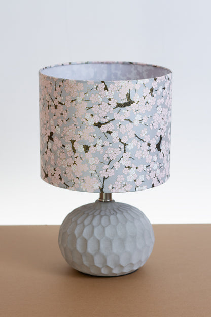 Rola Round Ceramic Table Lamp Base in Grey ~ Drum Lamp Shade 25cm(d) x 20cm(h) W02 ~ Pink Cherry Blossom on Grey