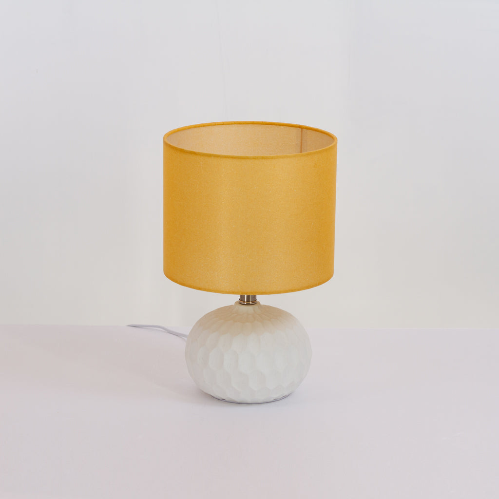 Rola Round Ceramic Table Lamp Base in White ~ Drum Lamp Shade 25cm(d) x 20cm(h) P48 ~ Yellow Non Woven Fabric