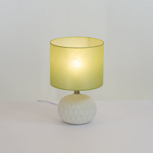 Rola Round Ceramic Table Lamp Base in White ~ Drum Lamp Shade 25cm(d) x 20cm(h) P50 ~ Green Non Woven Fabric