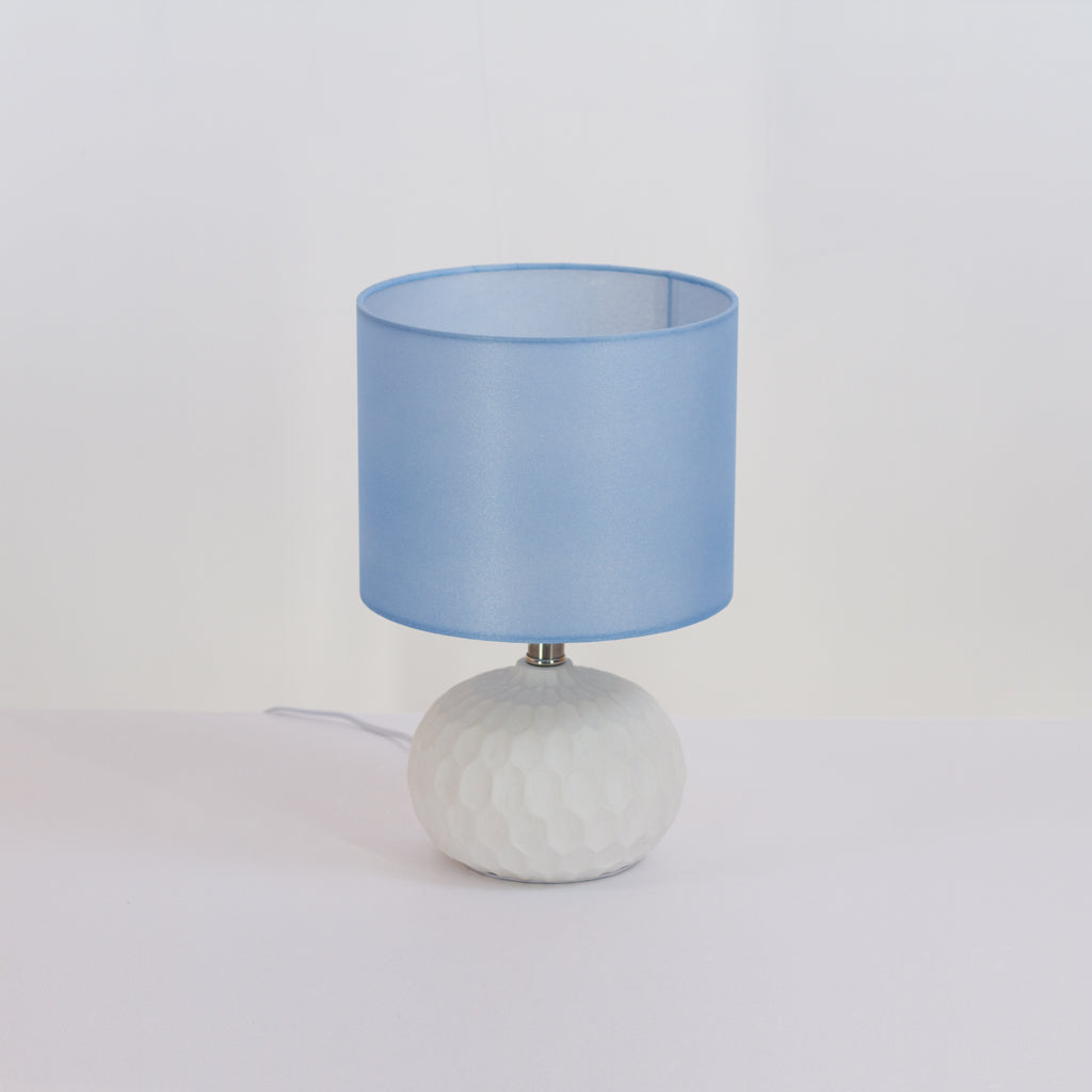 Rola Round Ceramic Table Lamp Base in White ~ Drum Lamp Shade 25cm(d) x 20cm(h) P51 ~ Blue Non Woven Fabric