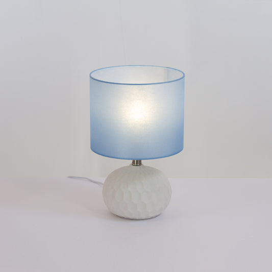 Rola Round Ceramic Table Lamp Base in White ~ Drum Lamp Shade 25cm(d) x 20cm(h) P51 ~ Blue Non Woven Fabric