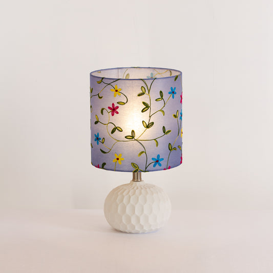 Rola Round Ceramic Table Lamp Base in White ~ Drum Lamp Shade 25cm(d) x 25cm(h) P46 ~ Embroidered Evening Blue
