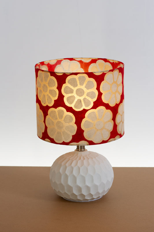 Rola Round Ceramic Table Lamp Base in White ~ Drum Lamp Shade 25cm(d) x 20cm(h) P18 ~ Batik Big Flower on Red