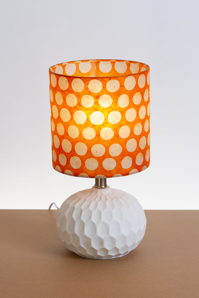 Rola Round Ceramic Table Lamp Base in White ~ Drum Lamp Shade 20cm(d) x 20cm(h) B110 ~ Batik Dots on Orange