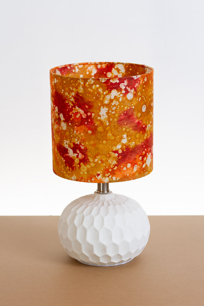 Rola Round Ceramic Table Lamp Base in White ~ Drum Lamp Shade 20cm(d) x 20cm(h) B112 ~ Batik Lava Red/Orange