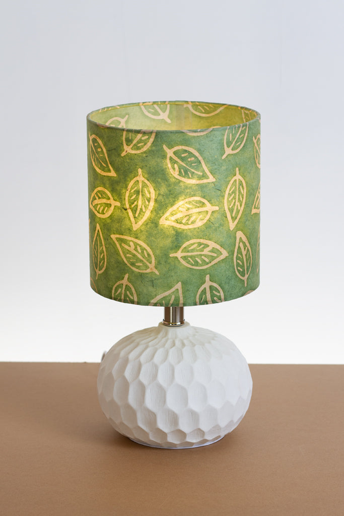 Rola Round Ceramic Table Lamp Base in White ~ Drum Lamp Shade 20cm(d) x 20cm(h) ~ Batik Leaf Green