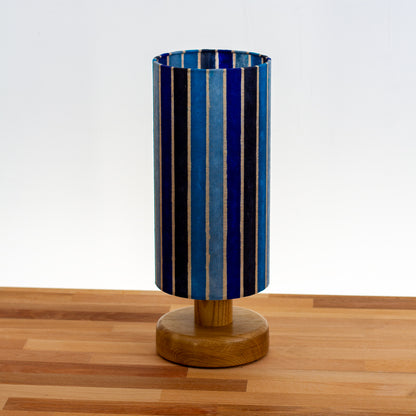 Round Oak Table Lamp with 15cm x 30cm Drum Lampshade in P05 ~ Batik Stripes Blue