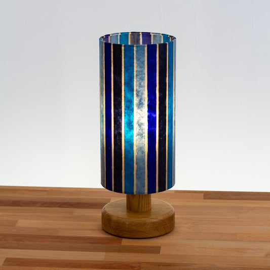 Round Oak Table Lamp with 15cm x 30cm Drum Lampshade in P05 ~ Batik Stripes Blue