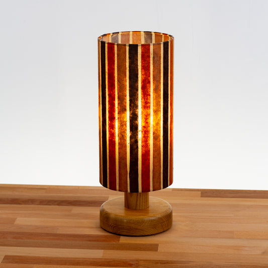 Round Oak Table Lamp with 15cm x 30cm Drum Lampshade in P07 ~ Batik Stripes Brown