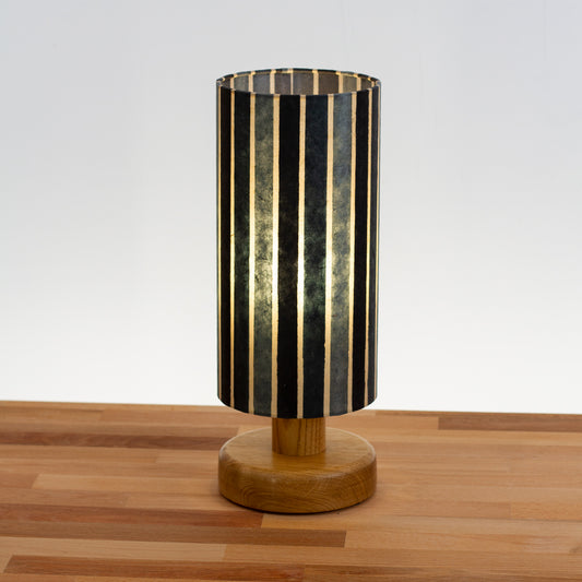 Round Oak Table Lamp with 15cm x 30cm Drum Lampshade in P08 ~ Batik Stripes Grey