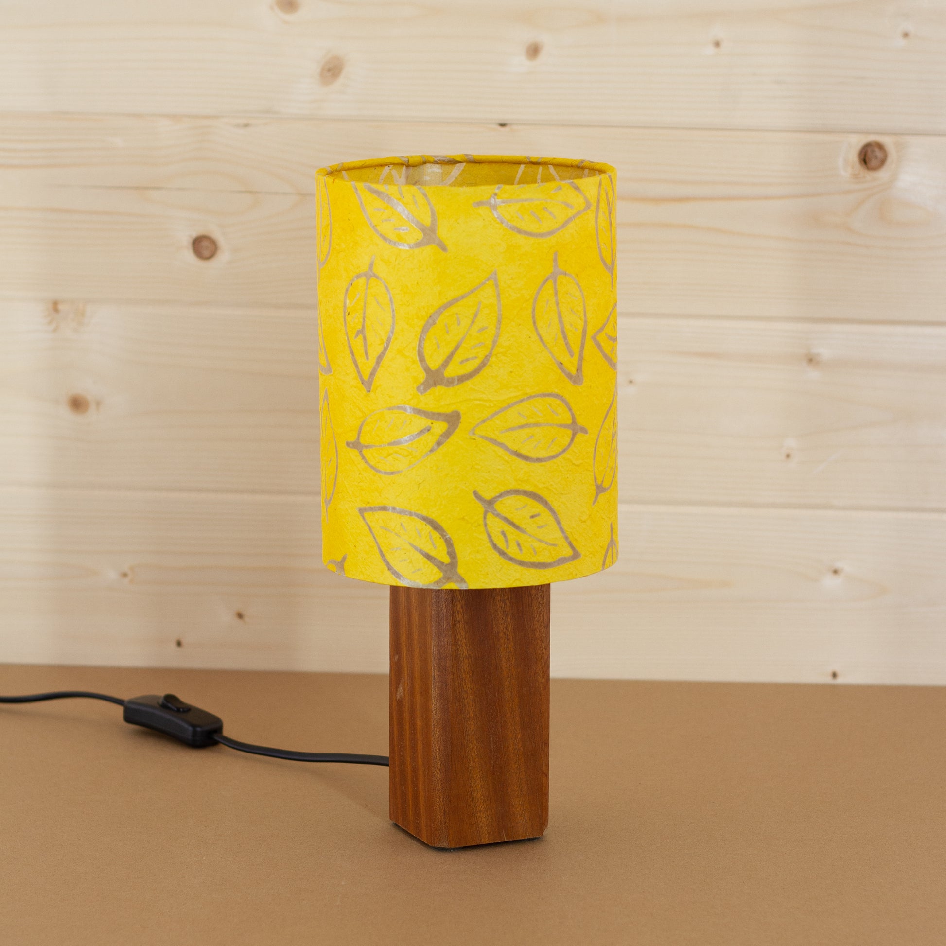 Batik Leaf Yellow on Square Sapele Table Lamp Base, Handmade by Imbue Lighting on the Isle of Anglesey, Wales.