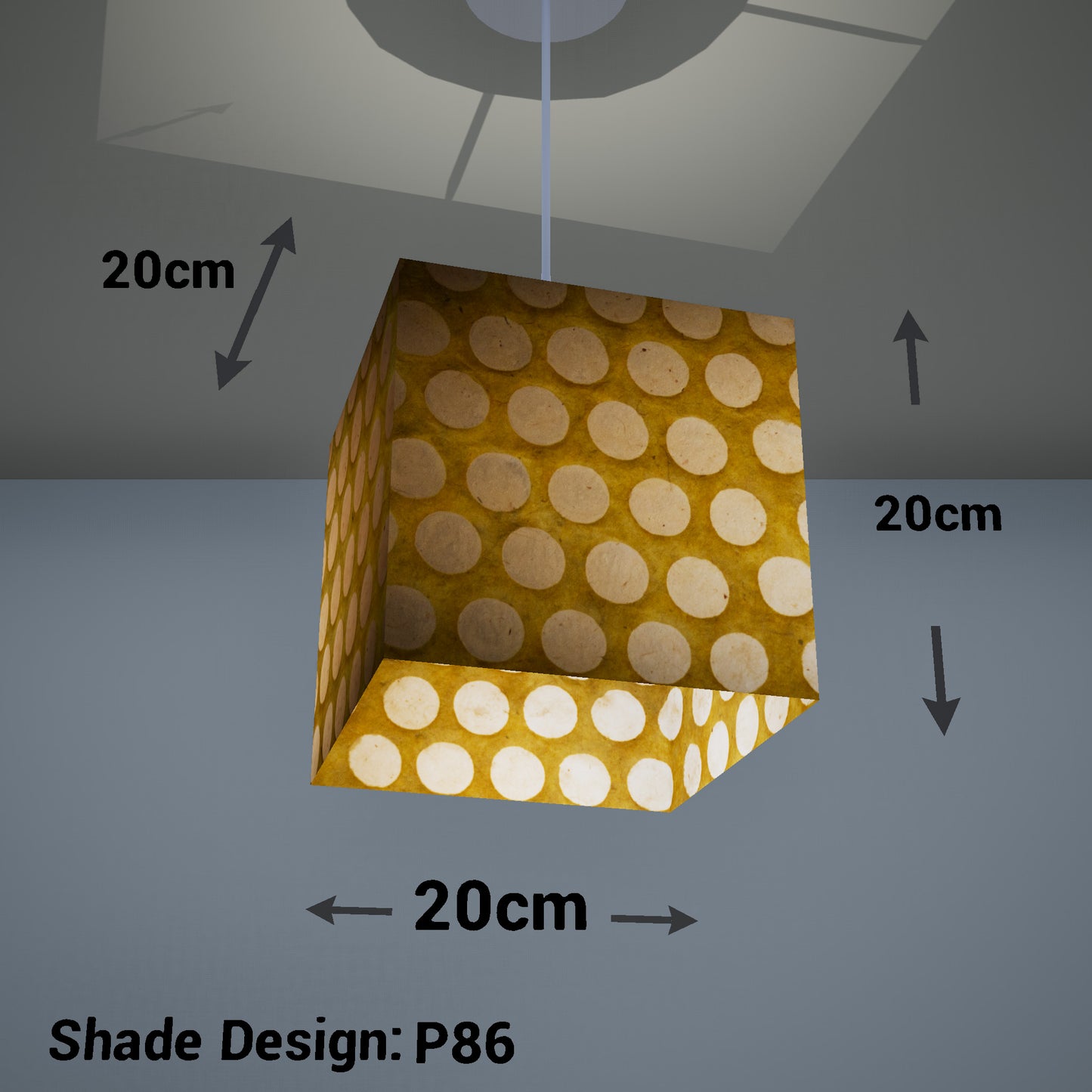 Square Lamp Shade - P86 ~ Batik Dots on Yellow, 20cm(w) x 20cm(h) x 20cm(d)
