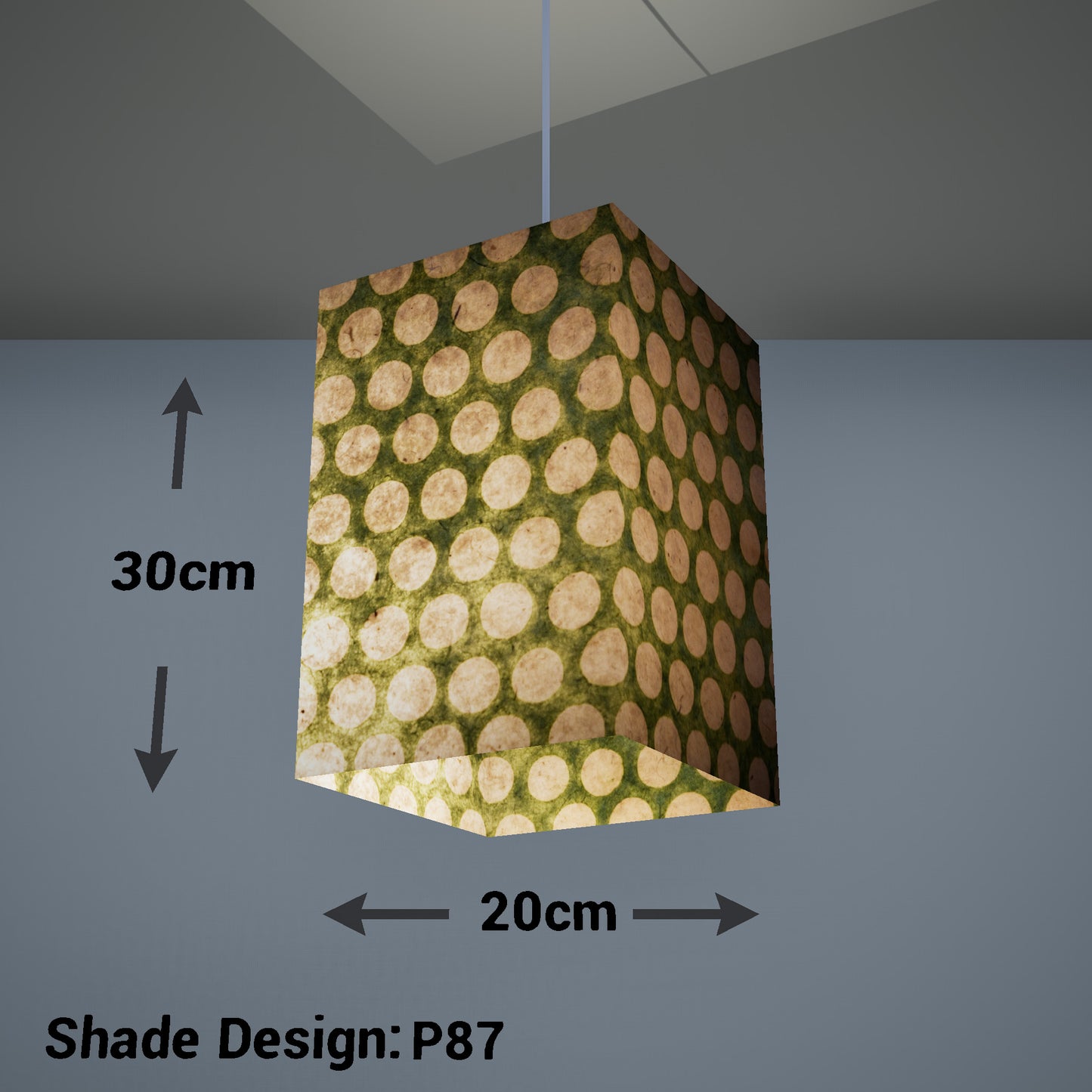 Square Lamp Shade - P87 ~ Batik Dots on Green, 20cm(w) x 30cm(h) x 20cm(d)