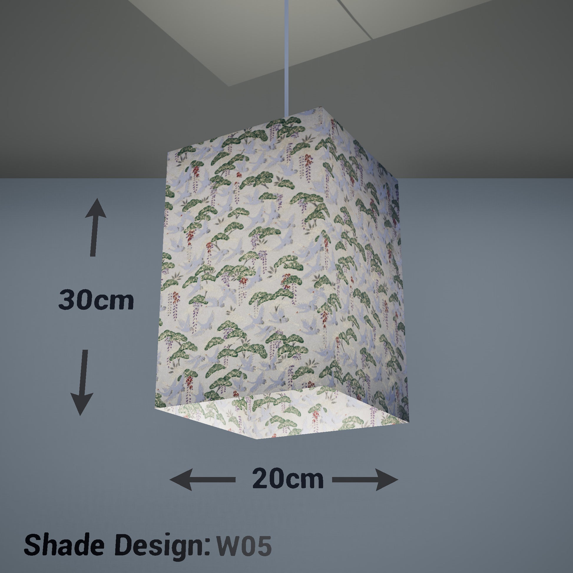 Square Lamp Shade - W05 ~ Cranes, 20cm(w) x 30cm(h) x 20cm(d) - Imbue Lighting