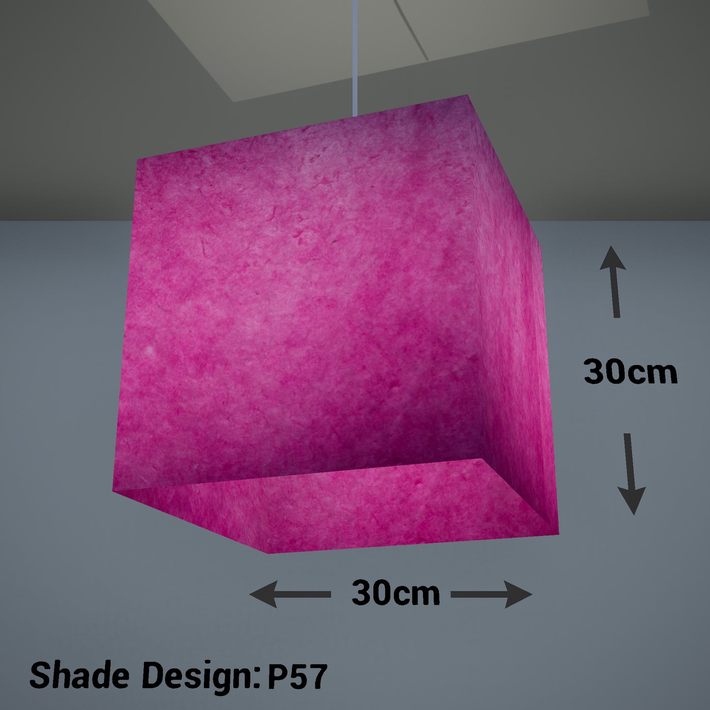Square Lamp Shade - P57 - Hot Pink Lokta, 30cm(w) x 30cm(h) x 30cm(d)