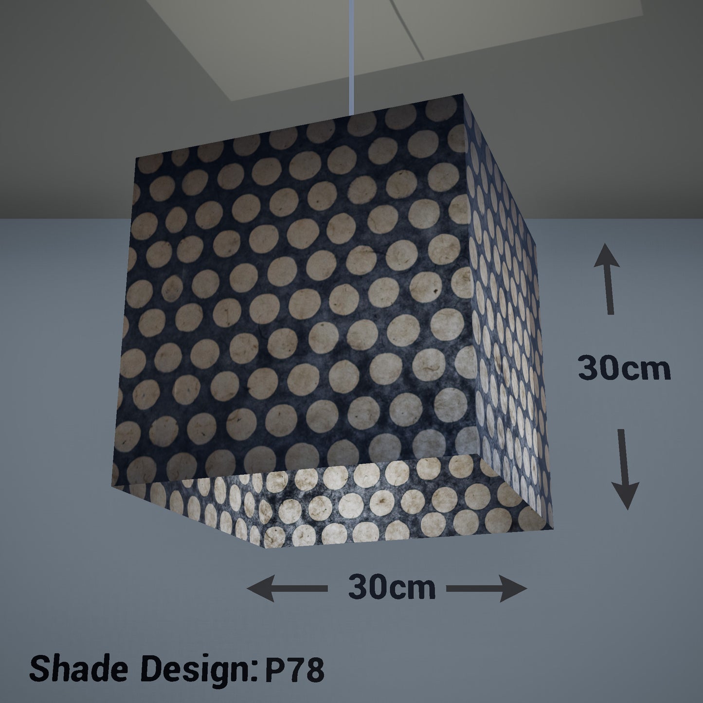 Square Lamp Shade - P78 - Batik Dots on Grey, 30cm(w) x 30cm(h) x 30cm(d) - Imbue Lighting