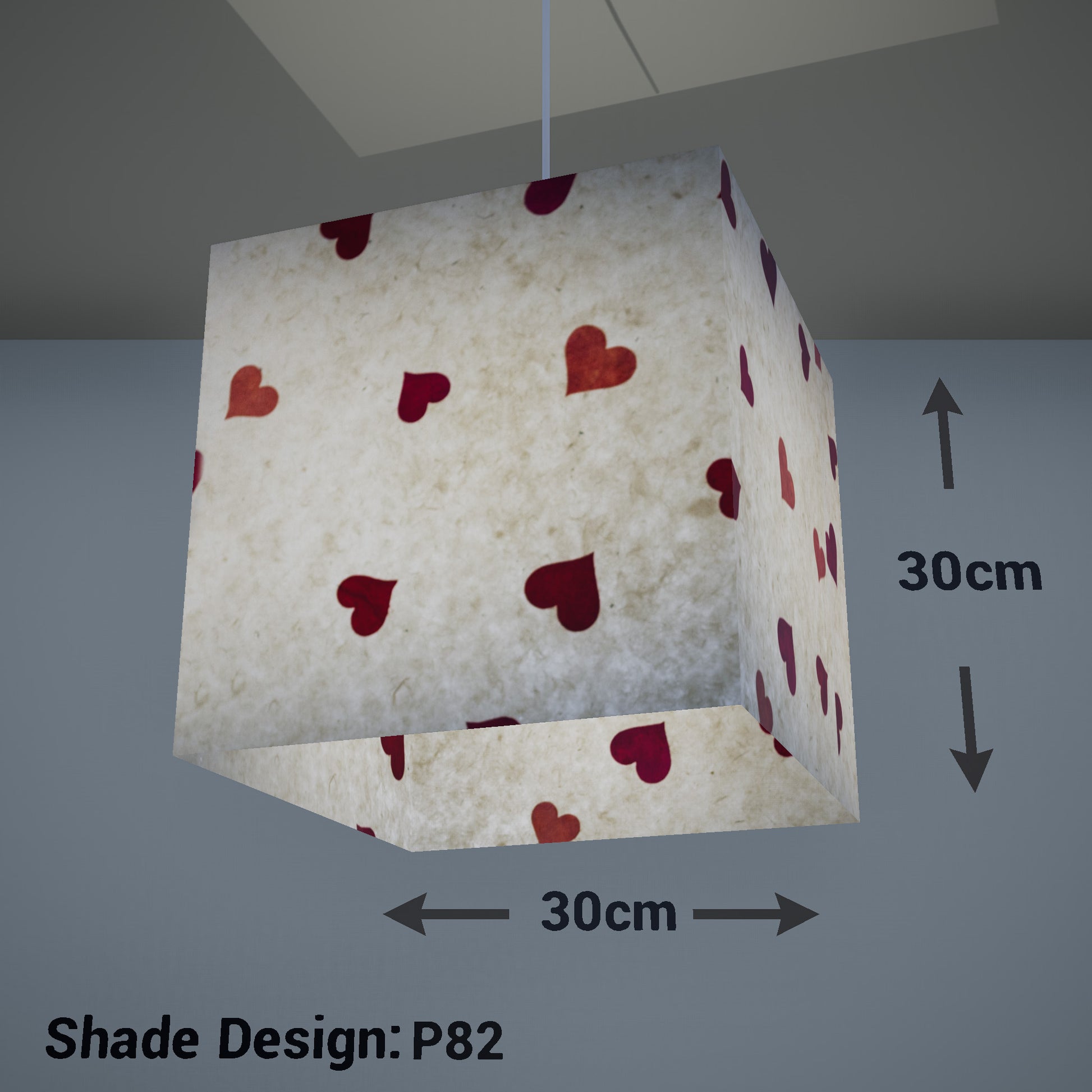Square Lamp Shade - P82 ~ Hearts on Lokta Paper, 30cm(w) x 30cm(h) x 30cm(d) - Imbue Lighting