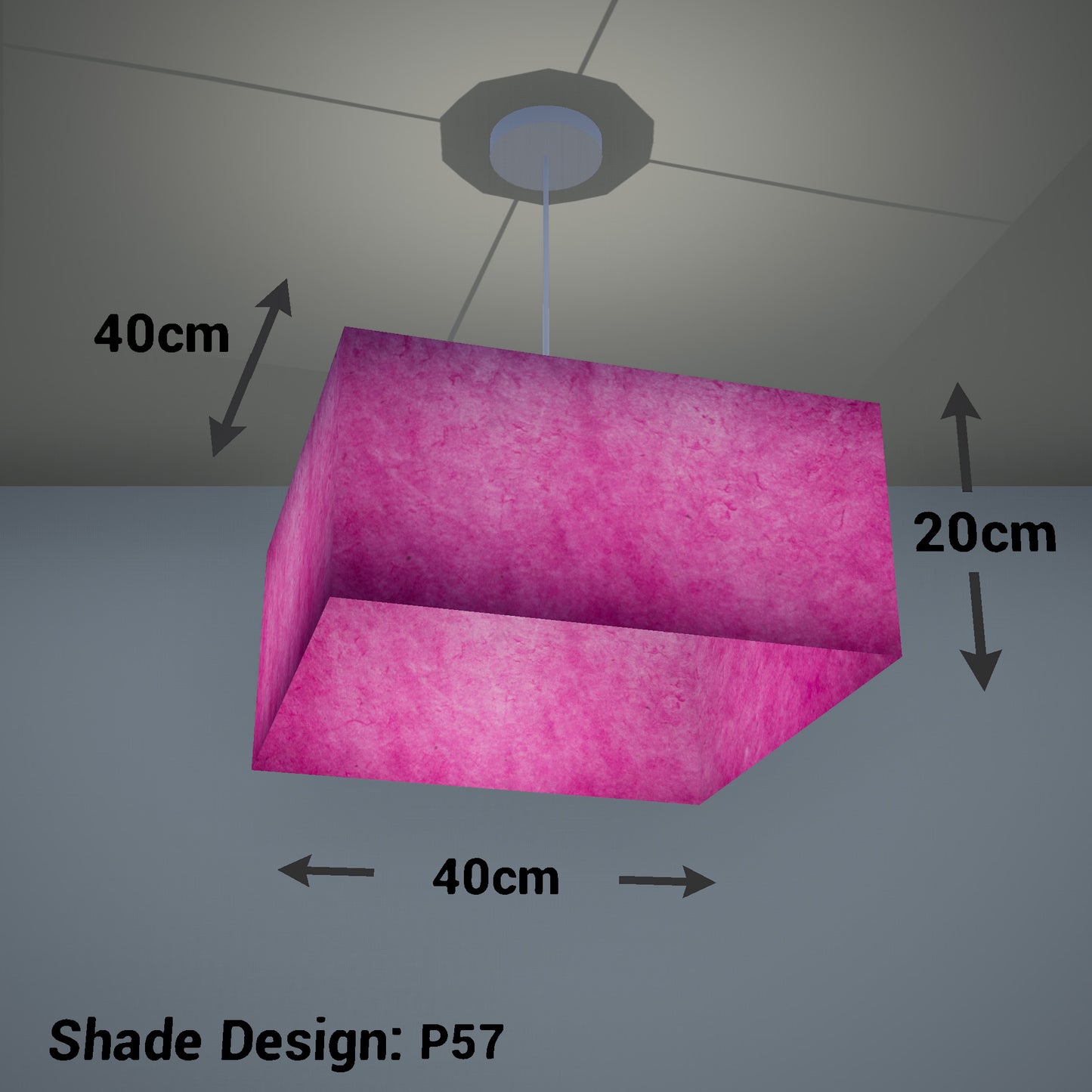Square Lamp Shade - P57 - Hot Pink Lokta, 40cm(w) x 20cm(h) x 40cm(d)