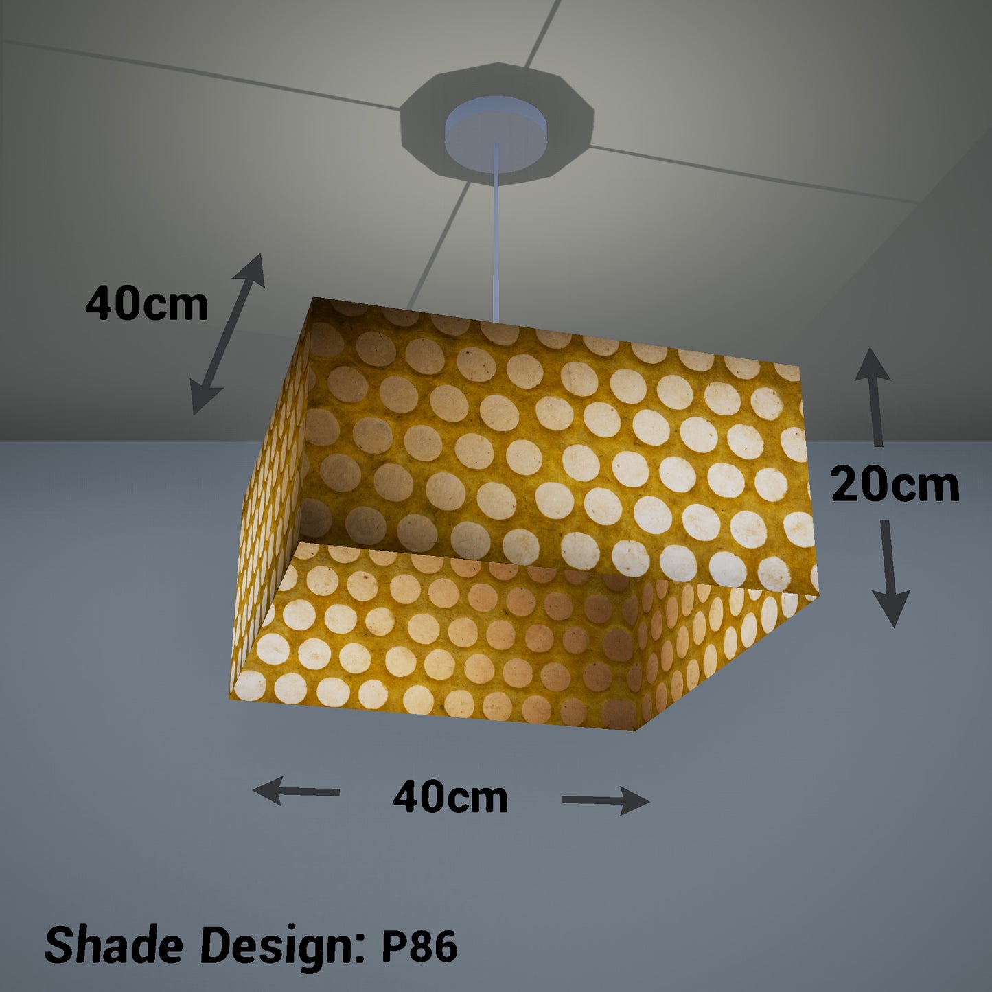 Square Lamp Shade - P86 ~ Batik Dots on Yellow, 40cm(w) x 20cm(h) x 40cm(d)