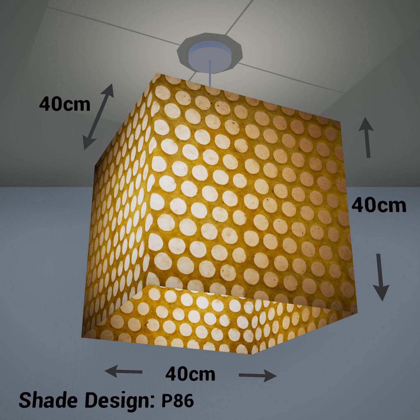 Square Lamp Shade - P86 ~ Batik Dots on Yellow, 40cm(w) x 40cm(h) x 40cm(d)