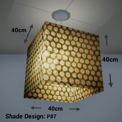 Square Lamp Shade - P87 ~ Batik Dots on Green, 40cm(w) x 40cm(h) x 40cm(d)