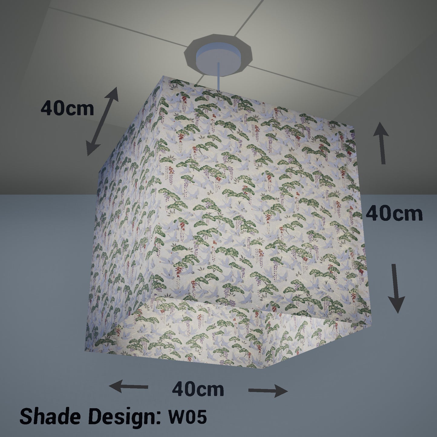Square Lamp Shade - W05 ~ Cranes, 40cm(w) x 40cm(h) x 40cm(d) - Imbue Lighting