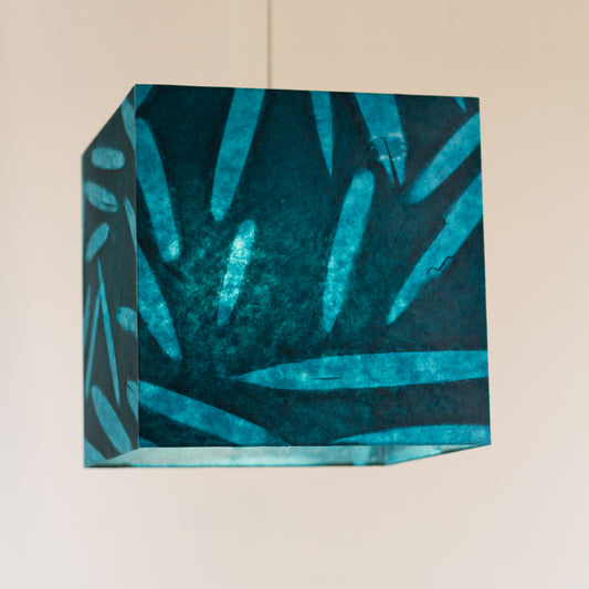 Square Lamp Shade - P99 - Resistance Dyed Teal Bamboo, 40cm(w) x 40cm(h) x 40cm(d)