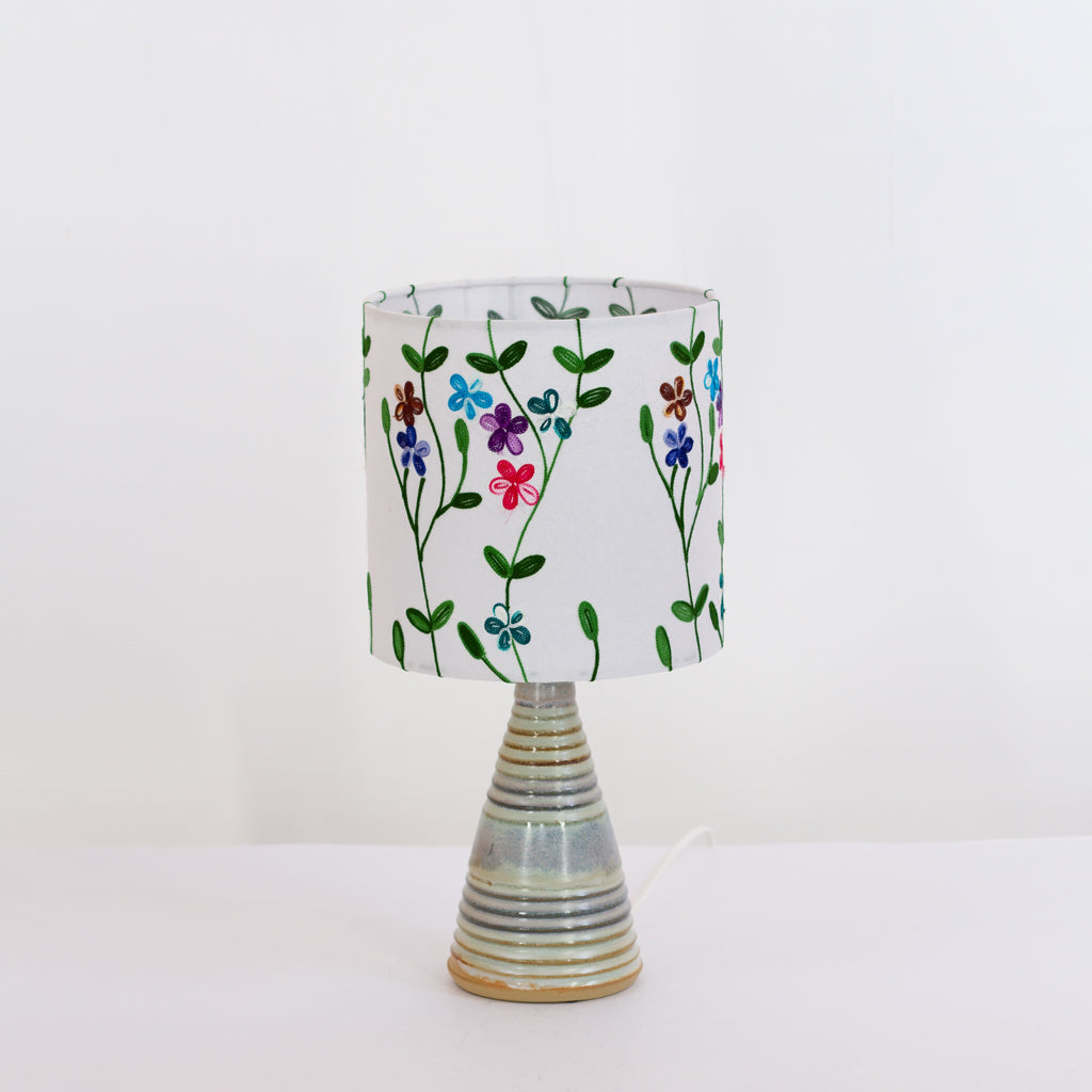 Stoneware Table Lamp Base with Blue/Green Glaze (P43) Embroidered Flowers on White Drum Lampshade