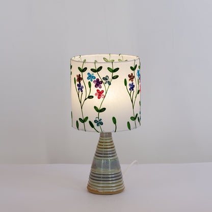 Stoneware Table Lamp Base with Blue/Green Glaze (P43) Embroidered Flowers on White Drum Lampshade
