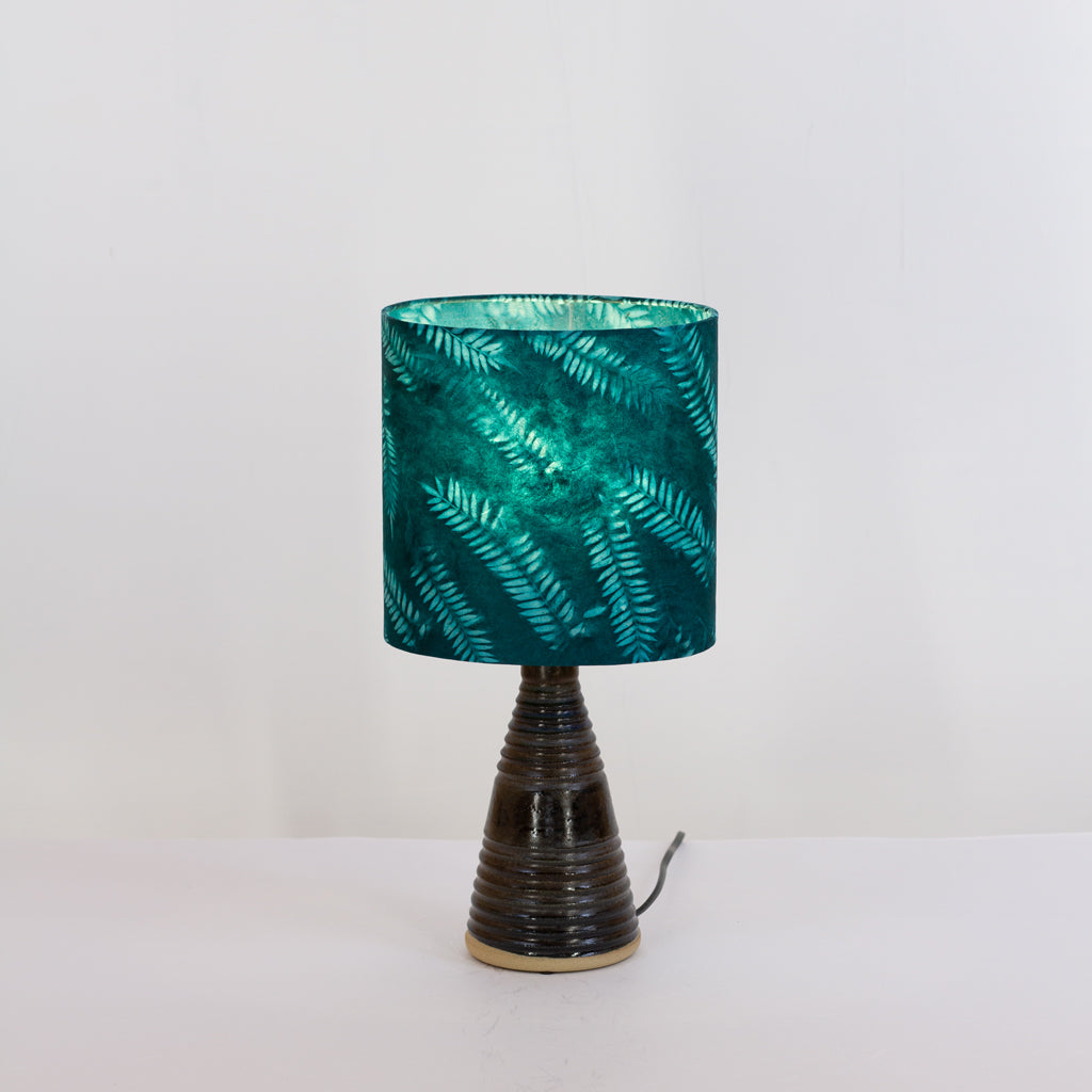 Stoneware Table Lamp Base with Dark Glaze (B106) Resistance Dyed Teal Fern Oval Lampshade