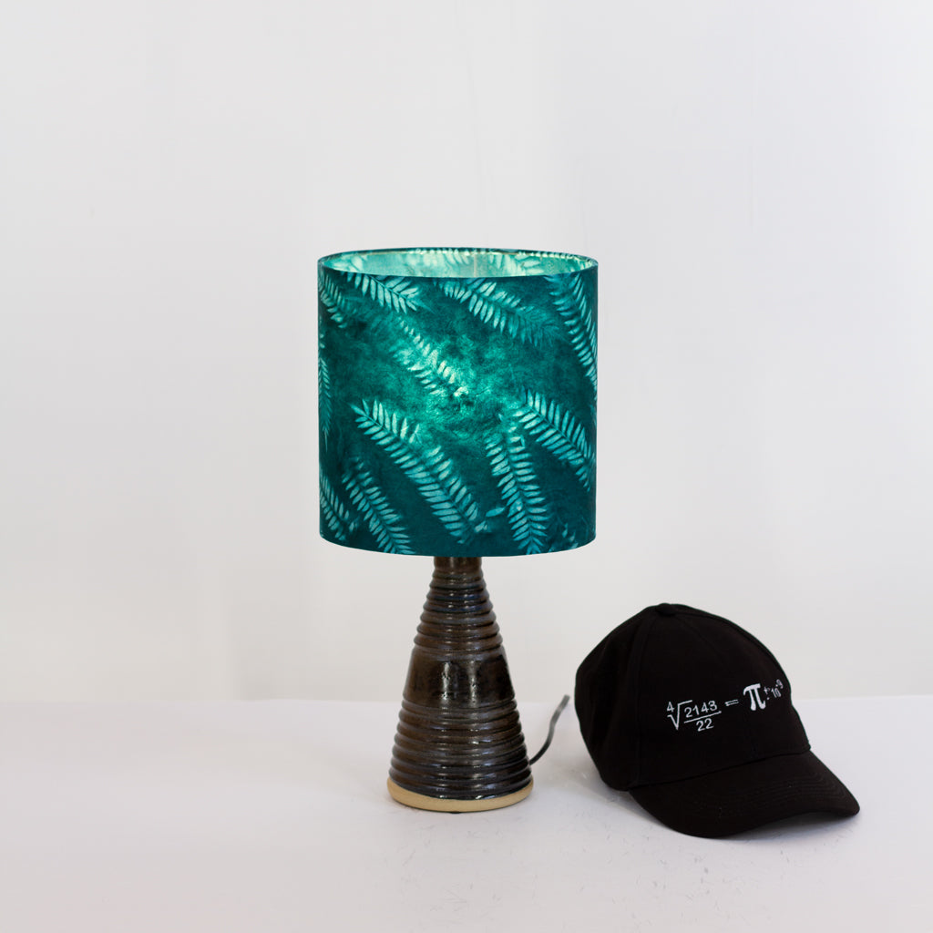 Stoneware Table Lamp Base with Dark Glaze (B106) Resistance Dyed Teal Fern Oval Lampshade