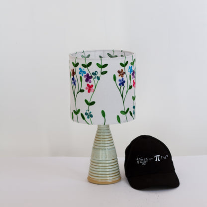 Stoneware Table Lamp Base with Green Glaze, P43 ~ Embroidered Flowers on White Oval Lampshade
