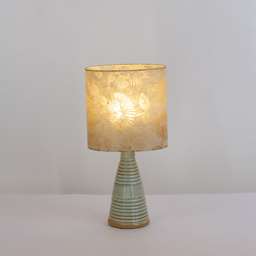 Stoneware Table Lamp Base with Green Glaze, P09 ~ Batik Peony on Natural Oval Lampshade