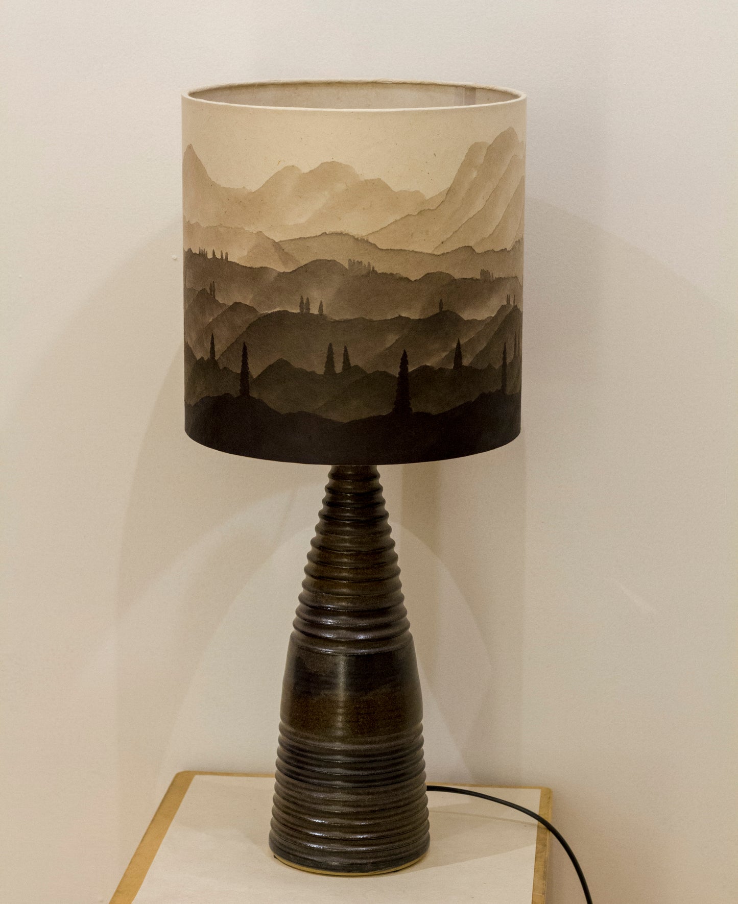 Hand-drawn Original Ink Sketch Lamp Shade on a Large Stoneware Table Lamp