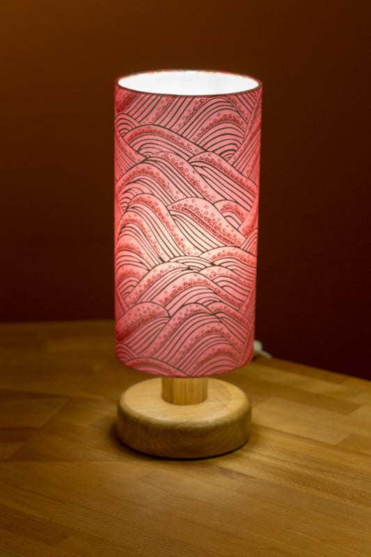 Round Oak Table Lamp with 15cm x 30cm Lamp Shade in Pink Hills Washi - W04
