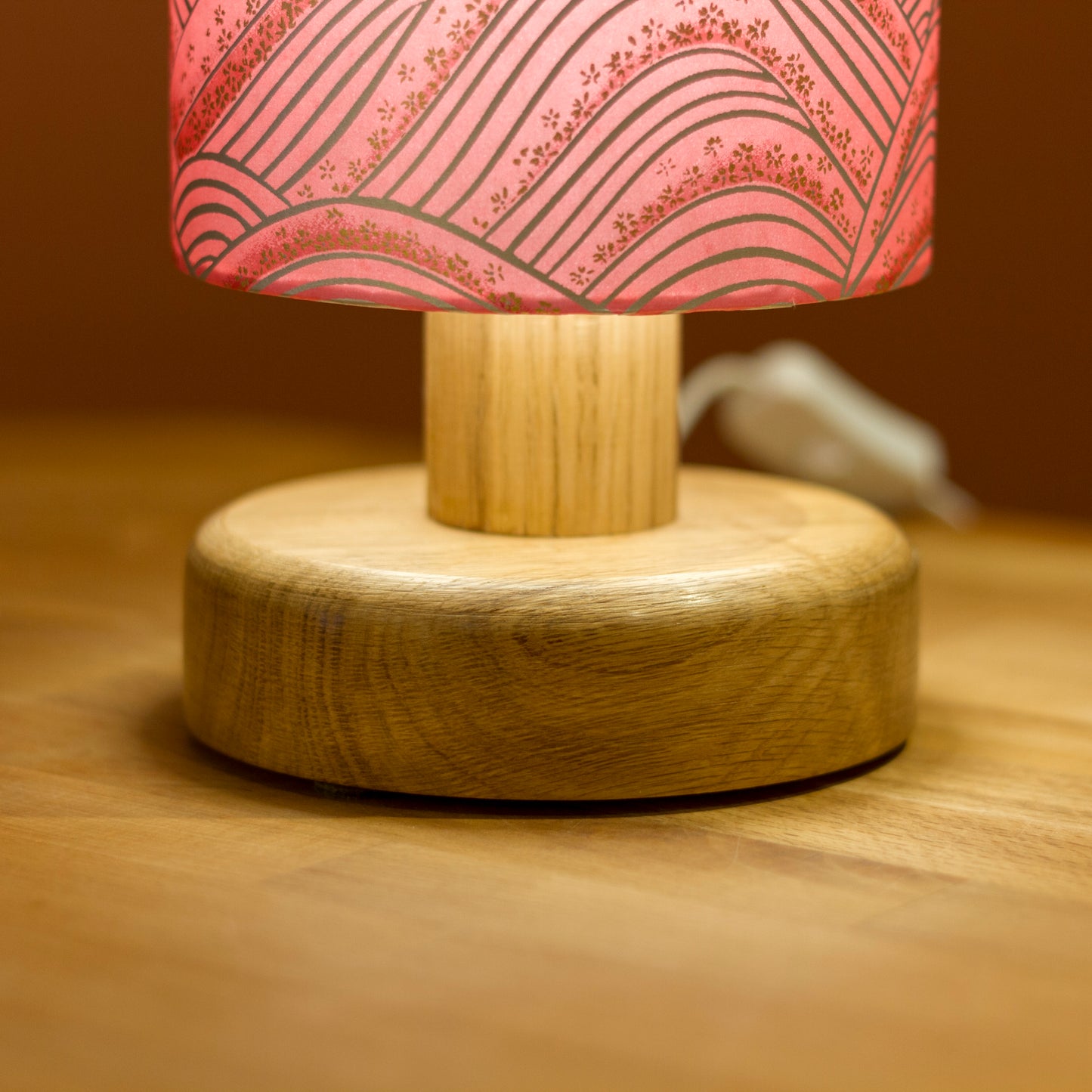 Round Oak Table Lamp with 15cm x 30cm Lamp Shade in Pink Hills Washi - W04