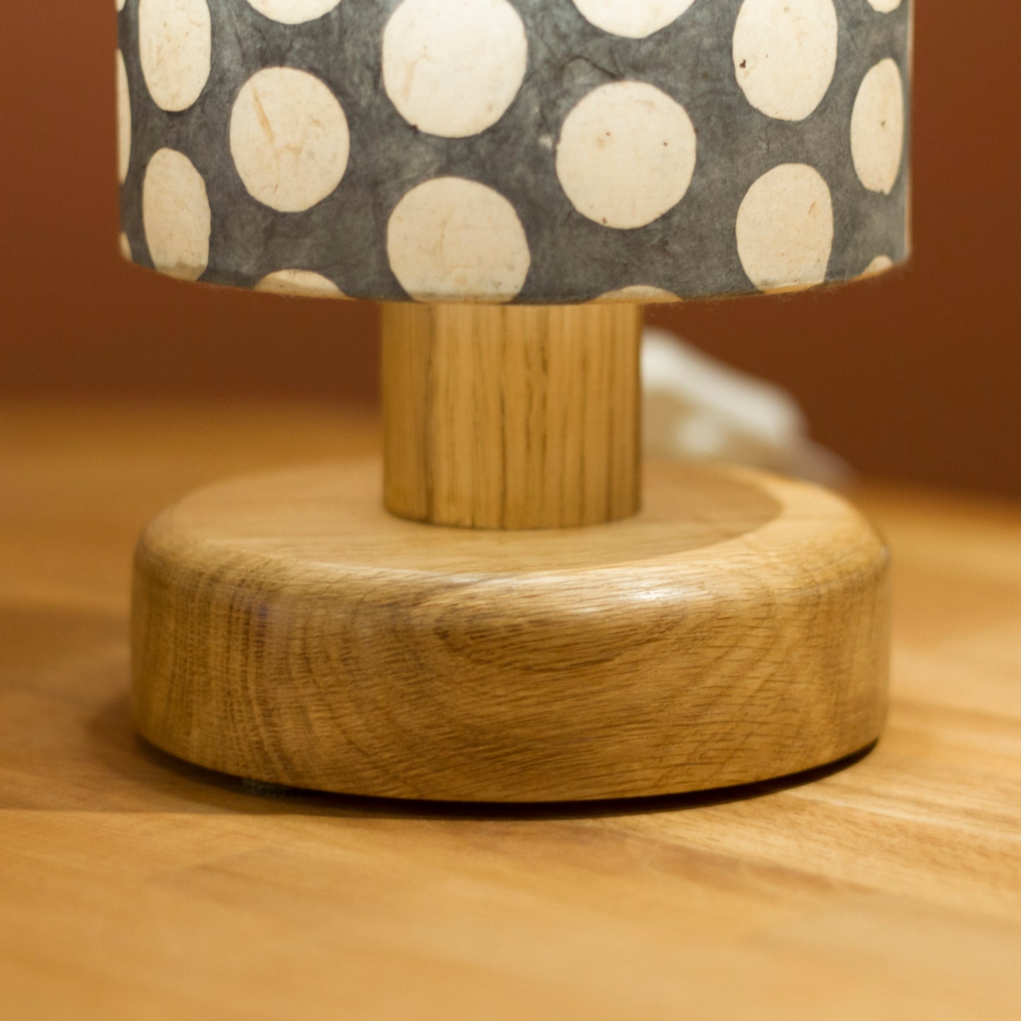 Round Oak Table Lamp with 15cm x 30cm Lamp Shade in Batik Grey Dots P78