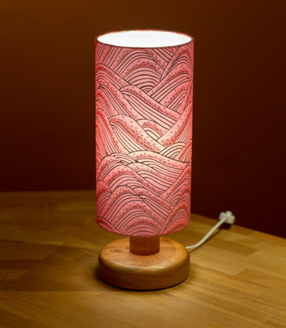 Round Sapele Table Lamp with 15cm x 30cm Lamp Shade in Pink Hills Washi - W04