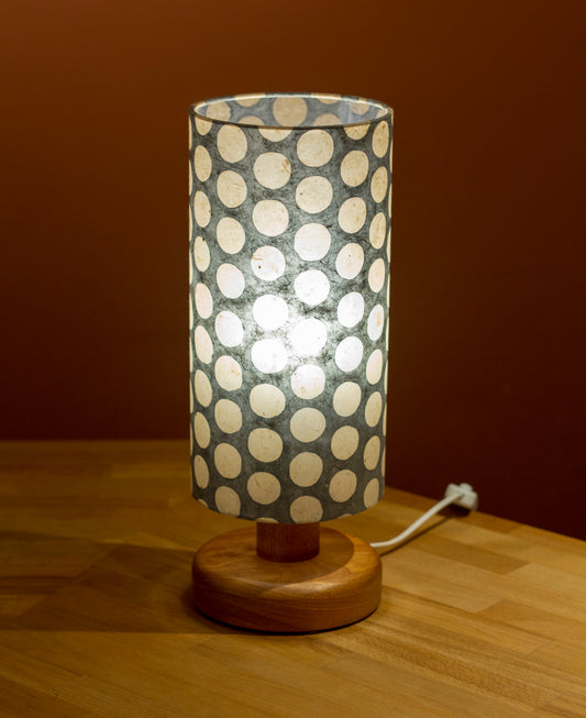 Round Sapele Table Lamp with 15cm x 30cm Lamp Shade in Batik Grey Dots P78