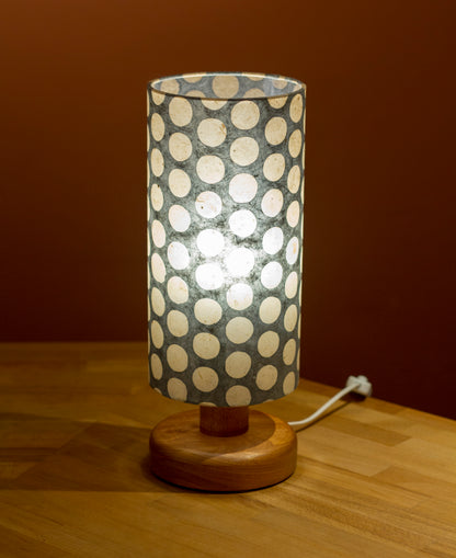 Round Sapele Table Lamp with 15cm x 30cm Lamp Shade in Batik Grey Dots P78