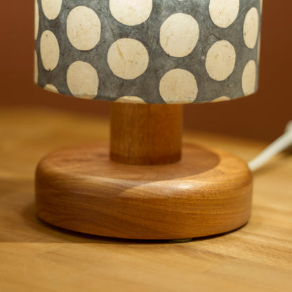 Round Sapele Table Lamp with 15cm x 30cm Lamp Shade in Batik Grey Dots P78