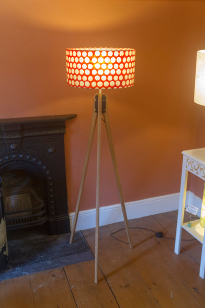 Oak Tripod Floor Lamp - P84 ~ Batik Dots on Red