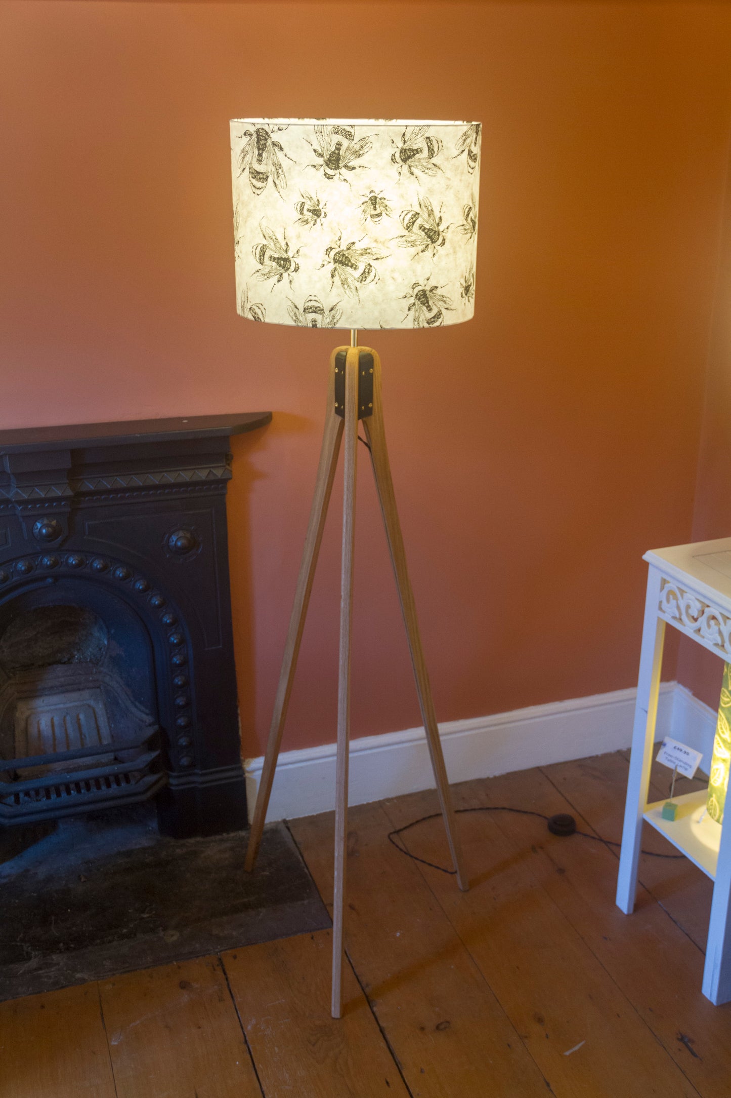 Oak Tripod Floor Lamp - P42 - Bees Screen Print on Natural Lokta