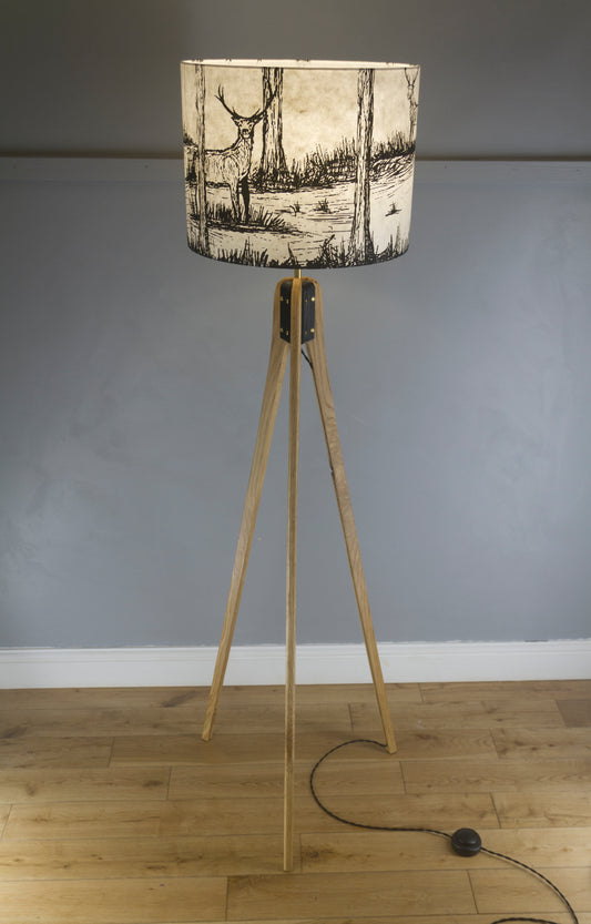 Oak Tripod Floor Lamp - Natural Lokta Deer Screen Print