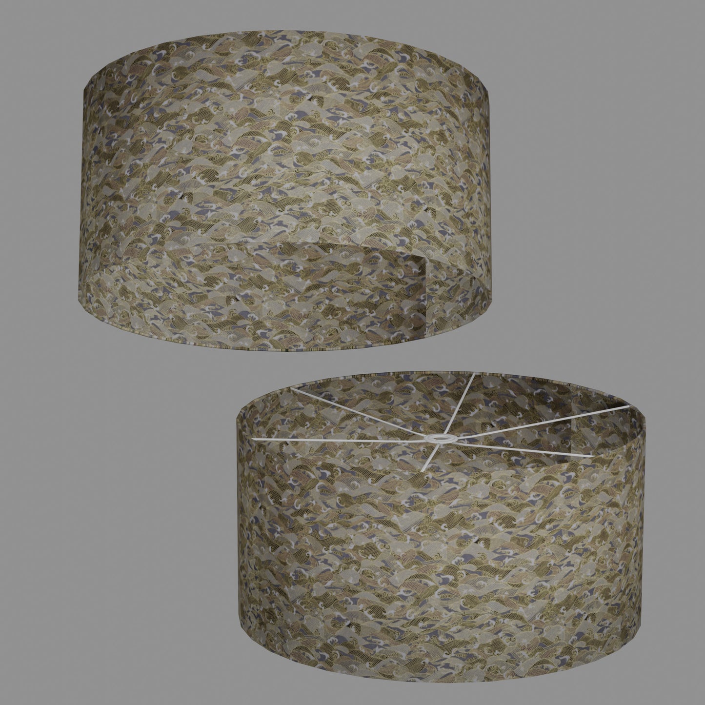 Drum Lamp Shade - W03 ~ Gold Waves on Greys, 60cm(d) x 30cm(h)