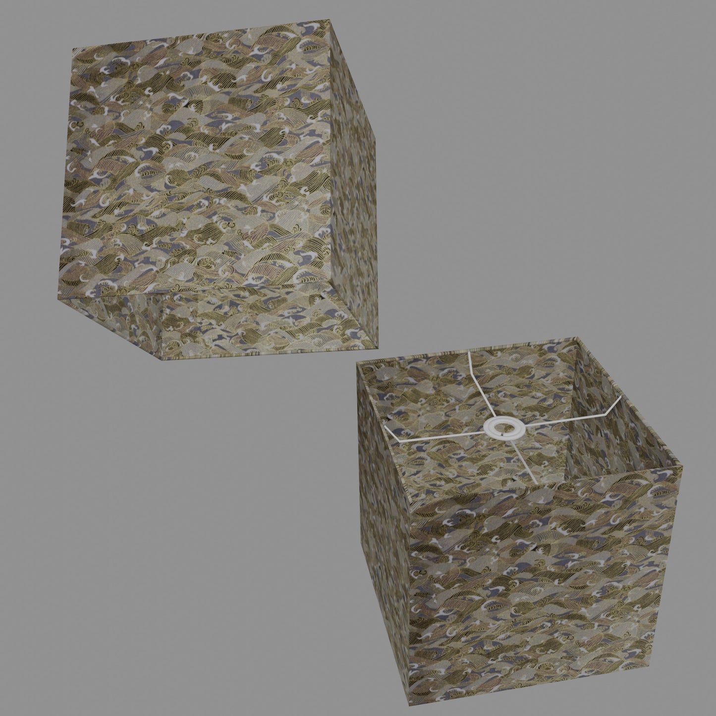 Square Lamp Shade - W03 ~ Gold Waves on Greys, 30cm(w) x 30cm(h) x 30cm(d)