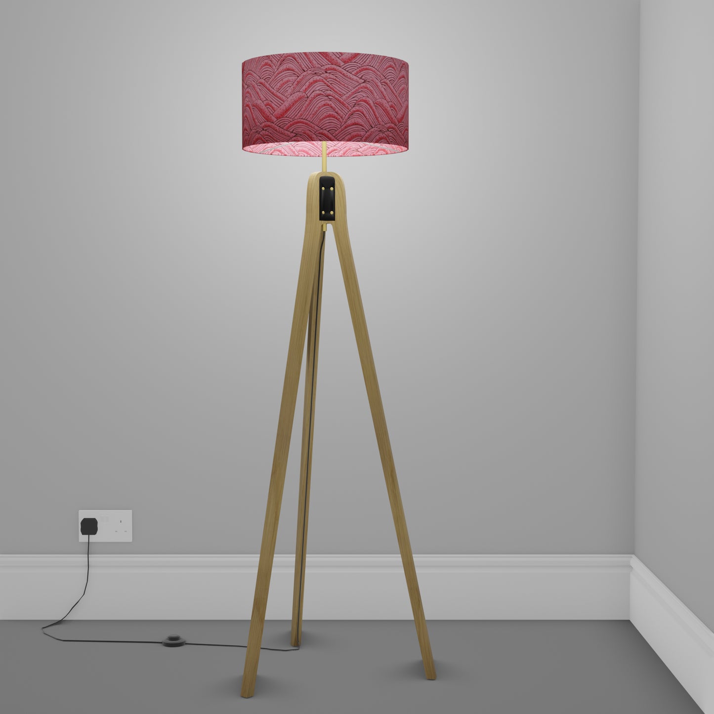 Oak Tripod Floor Lamp - W04 ~ Pink Hills with Gold Flowers