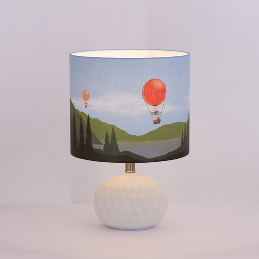 Red Balloon Landscape Drum Lamp Shade 30cm x 25cm(h) (D30) on White Rola Table Lamp Base